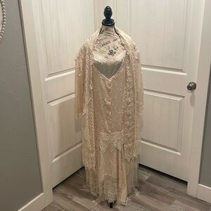 Martin McCrea Cream Lace 3 Piece Top, Skirt, and Shawl